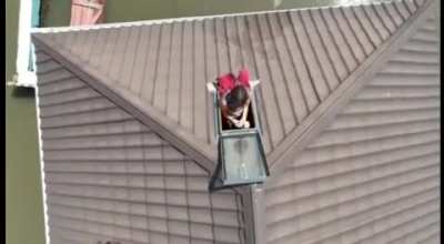 Drone delivering care package to Ukrainian civilian trapped in a flooded house