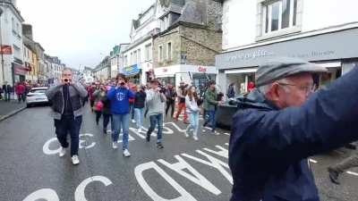 In Brittany, France, striking nurses pull a catapult