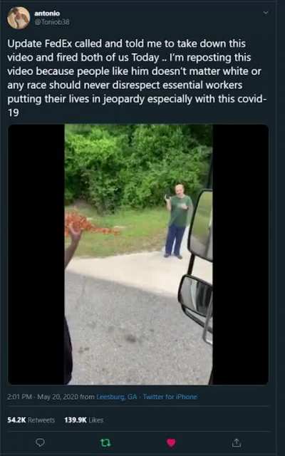 This lying racist told the cops “they [the two Fedex workers] look like they would’ve broke into my house while my wife is there”