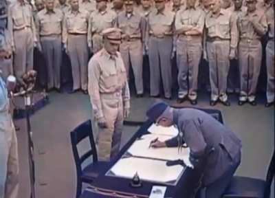 After the cities of Hiroshima and Nagasaki are destroyed, the Japanese delegation meets with General McCarthur aboard the USS Missouri to sign an agreement of unconditional surrender