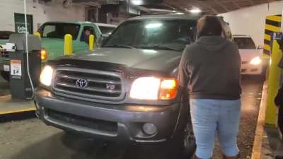 Driver pepper-sprays liberal BLM/Antifa protestors who are blocking exit from a parking garage