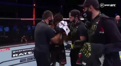 Justin gaethje runs up to Khabib crying about the loss of his father and says “ I’m sorry for your loss, but you just made your father really proud” and hugs him.