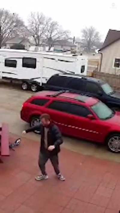 Good boy helps guy navigate icy driveway