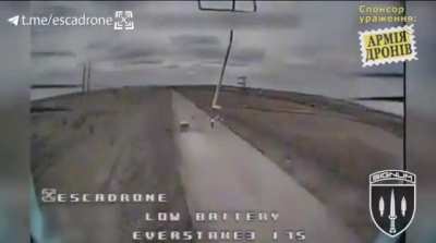 Movie scene car chase as a Ukrainian FPV kamikaze drone attacks a Russian Scooby Doo van 