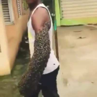 He going to fight the Wall of Flesh (those are bees on his hand)