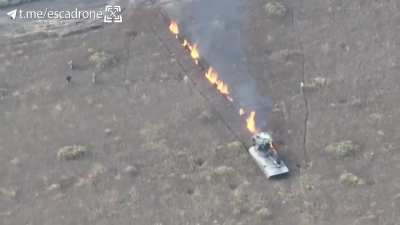 Russian SPG gets hit by a Ukrainian FPV drone is abandoned by the crew then hit again by another drone resulting in it's destruction