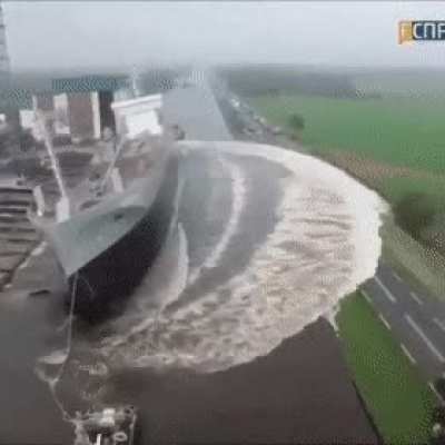 A newly built ship getting deployed into water