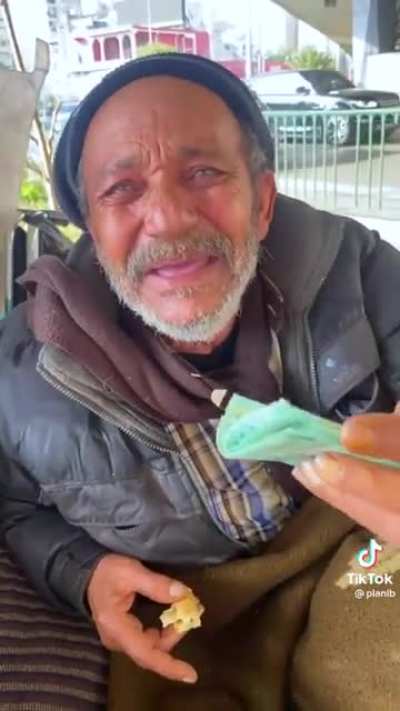 A grateful homeless man would rather give up an offering to someone “who may need it more”.