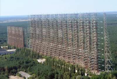 Sound transmitted by the Russian Woodpecker, a huge and powerful missile defence radar. The random and repetitive frequency hops often disturbed TV broadcasts, radio operations and commercial aviation communications resulting in thousands of complaints by