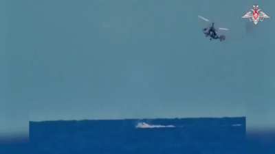 Russian KA-29 helicopter destroys a Ukranian naval drone with a R-73/R-60 air to air missile on it