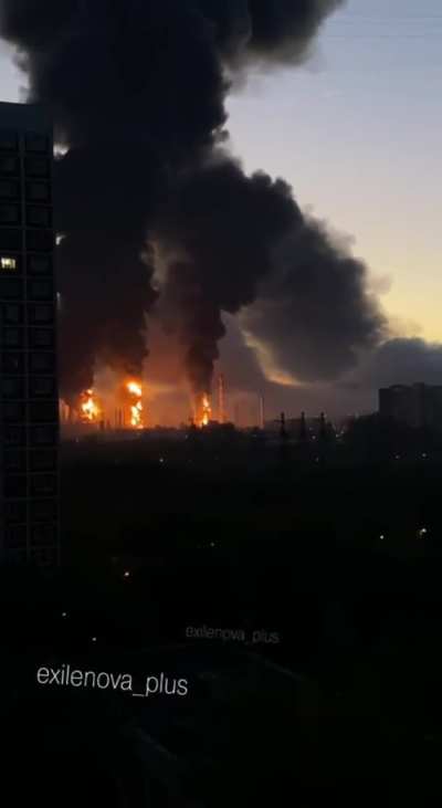A wide angle view of the fire at the Kapotnya oil refinery in moscow after a Ukrainian drone barrage landed. 20 Sept 2026