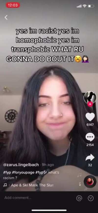 “Yes Im racist yes im homophobic yes I’m transphobic WHAT RU GONNA DO BOUT IT🥱🤦‍♀️”