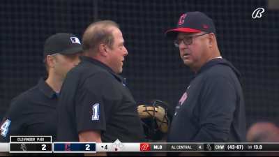 [Highlight] Brayan Rocchio is called out on review after his hand is pushed off the bag causing Terry Francona to get ejected for arguing that it is rightfully against the rules.