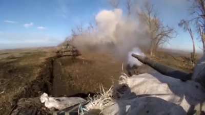 RU pov: Two tanks and infantry assault an AFU position in the Bakhmut, Donetsk area (tank / drone view - edited)