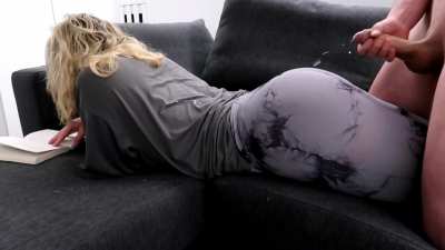 Cumshot on leggins while reading