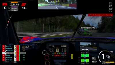 Who was in the wrong I was the leader of the race by 5 laps in a 1h race the guy was getting lapped but before the crash we was non stop re joining track unsafe a lot of times