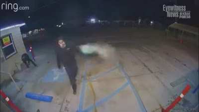 Two suspects dousing gasoline on a east bakersfield business before mistakenly setting themselves on fire
