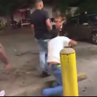 Dude gets his ass whooped so he takes out his nine instead