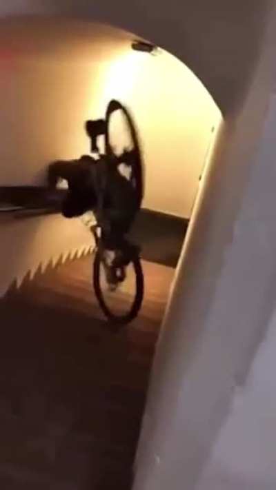 Biking down a flight of stairs