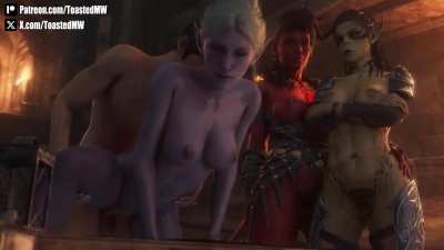 Lae’zel and Karlach waiting for Minthara to finish (ToastedMicrowave)