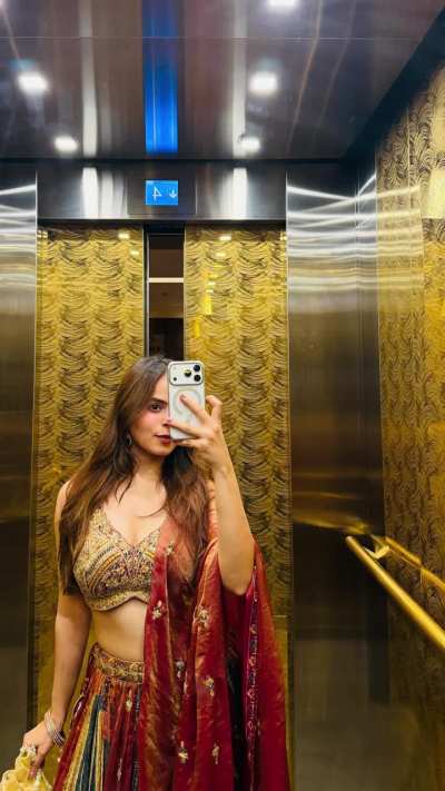 Palak Sindhwani in Multicolor Embroidered Lehenga Choli with a Deep Red (Maroon) Dupatta