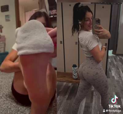 fitness beauty removes her sock