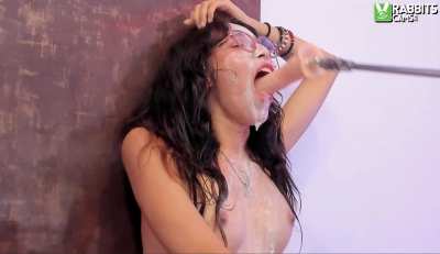 Glasses on, face messy — Doll_bella taking the fuck machine deep down her throat. Do you want to fuck her throat this hard too?