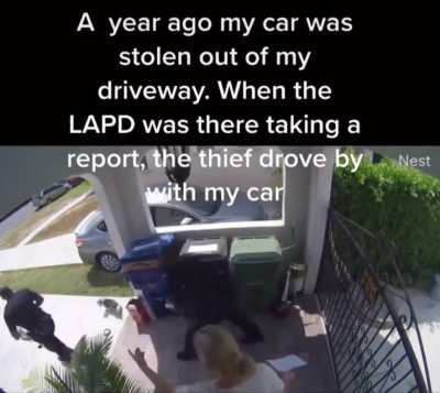 Lady’s stolen car drives by while she’s reporting it to the police