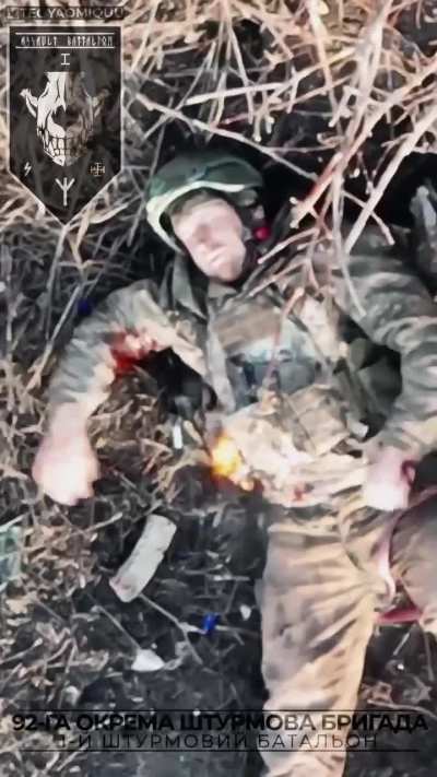Bakhmut direction, Ukrainian drone drops granades on Russian military - It looks like this soldier has already given up
