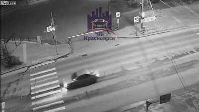 Pedestrian killed when running across the red light.