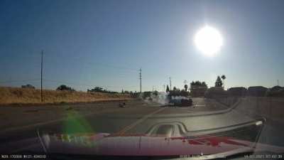 Car jumps Overpass and goes through Powerlines.
