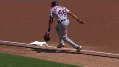 Gio Urshela hits slow roller down the third base line. Ball just barely clips the outside edge of the base for an infield single