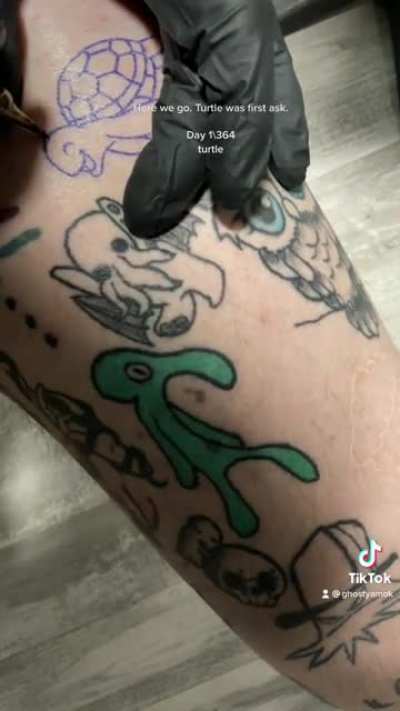 Ghostyamok ok tiktok. Posted yesterday about my tattoo every day for a year challenge. Here’s the first one. Turtle as suggested by Reddit.