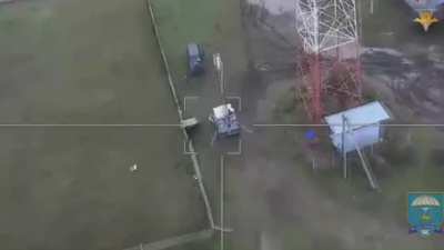 Russian Lancet drone hitting Ukrainian equipment ( claimed to be Starlink station) and D20 howitzer. 2022
