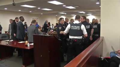 Man lunges at Buffalo supermarket gunman during sentencing in court.