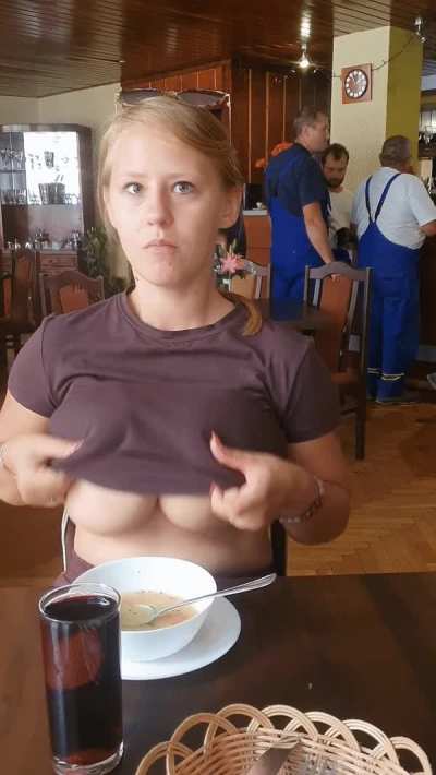#TittyDrop A restaurant, construction workers in the background, me, my dinner and my risky TittyDrop in the foreground. Heh [OC]