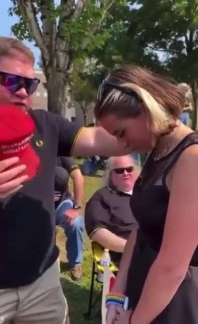 Proud Boy with MAGA hat saying a ‘Patriot Prayer’ with student about to attempt to enter school in Vancouver, WA without a mask in defiance of policy. This is next level cringy.