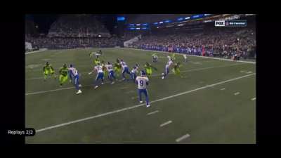 Matt Stafford no look pass to Robert Woods. Cooper Kupp points at Stafford after the play to say “damn that was nice Matt! I thought you were throwing to me!”