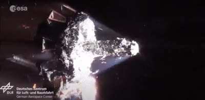 A satellite being melted in a reentry test in a plasma wind tunnel.