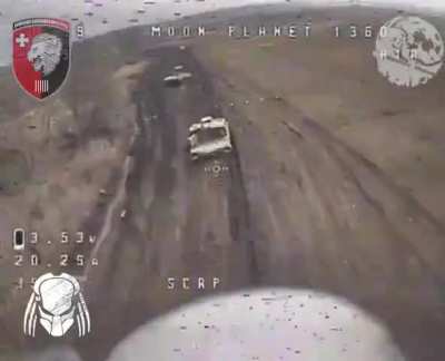 Footage of a Ukrainian FPV pilot attacking a Russian VTS “Ladoga” military transport vehicle vehicle. Only ~5 were ever built for evacuating VIPs after a nuclear strike.