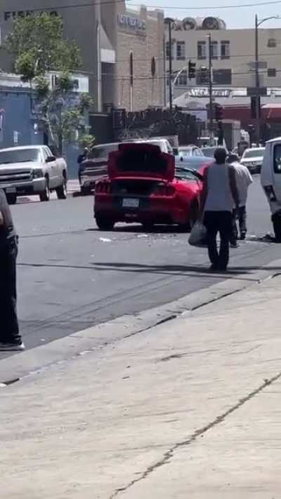 Drunk driver crashes car in skid row, proceeds to get looted , tries to get away and crashes again, then gets beat up