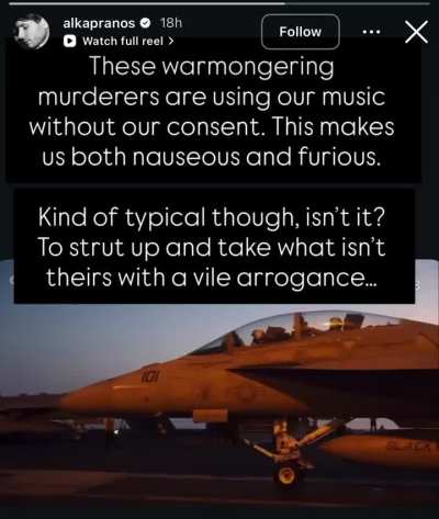Franz Ferdinand’s Alex Kapranos condemns the IOF’s use of ‘Take Me Out’ in a propaganda video: “These warmongering murderers are using our music without our consent. This makes us both nauseous & furious. Kind of typical though, isn't it? To strut up 