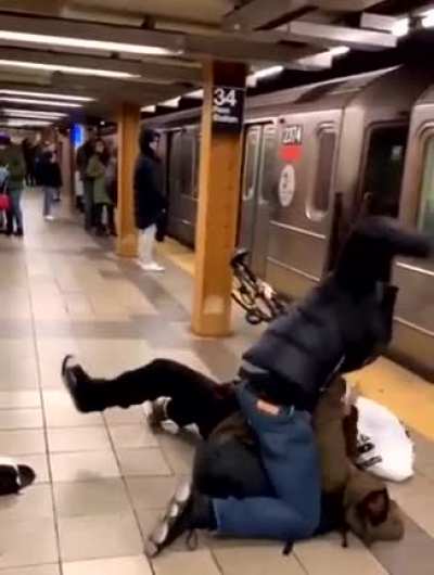 Dude spits on a much larger guy as subway doors close thinking they'll protect him. Larger guy proceeds to force said doors back open and beat the shit out of the spitter