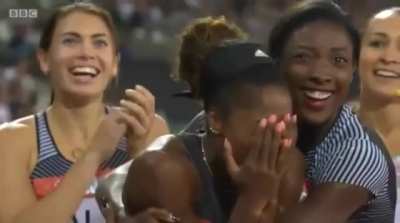 Kendra Harrison the moment she realized she just ran 12.20 seconds in the 100 meter hurdles, destroying a 28 year old world record