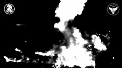 A Russian Zemledeliye minelaying system is destroyed in a spectacular explosion after being hit by a Ukrainian drone dropped munition at night