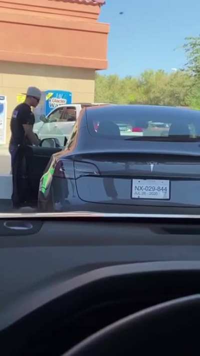 The guys at the dealership might have sent the newbie to gas up the Tesla