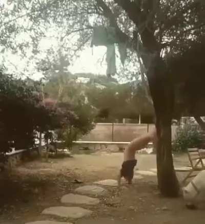 to please the lady after a failed handstand attempt.