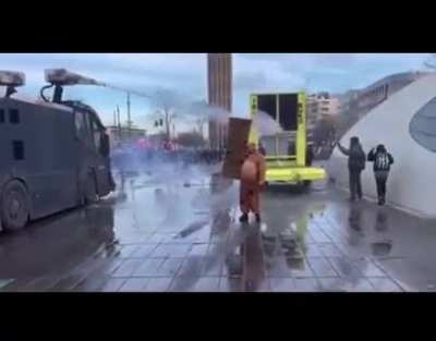 Protestor hit by a watercannon during the Anti-lockdown protests in Eindhoven, The Netherlands. Sorry for the music.