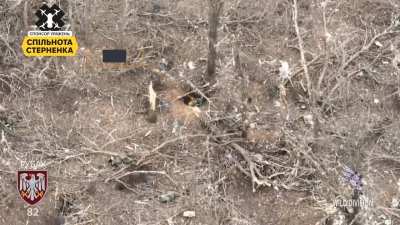 A Ukrainian FPV drone pilot sneaks up on two Russian soldiers as they attempt to hide in a foxhole, coming in very low and slow, and hovering around them for quite a while before eventually hitting them directly.