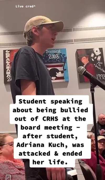 Student speaking about being bullied out of CRHS at the board meeting after student, Adriana Kuch, was attacked & ended her life. He was bullied by TEACHERS. 😳